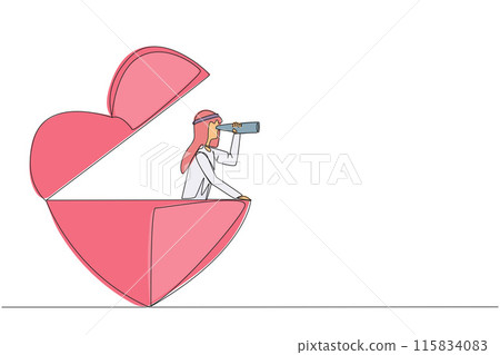 Continuous one line drawing Arabian businessman appears out of a heart shape looking for something through binoculars. Work life balance. Nobody get hurt. Single line draw design vector illustration 115834083