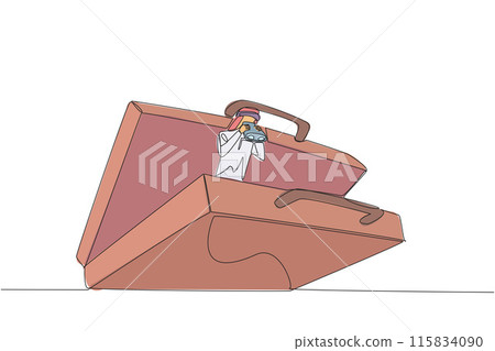 Single continuous line drawing Arabian businessman pops out of briefcase looking for something through binoculars. Preparing to travel to introduce new business. One line design vector illustration 115834090