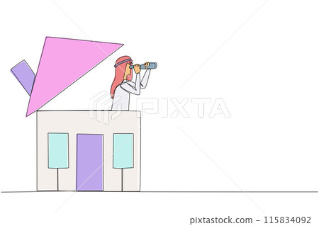 Continuous one line drawing Arabian businessman emerges from the miniature house looking for something through binoculars. A place to return home. Comfort. Single line draw design vector illustration Continuous one line drawing Arabian businessman emerges from the miniature house looking for something through binoculars. A place to return home. Comfort. Single line draw design vector illustration 115834092