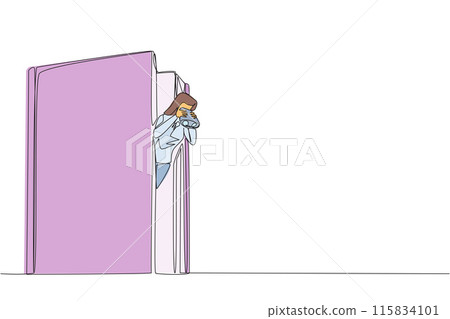 Single one line drawing businesswoman coming out of old book holding binocular. Find out the history of company's founding. Cultivate a sense of curiosity. Continuous line design graphic illustration 115834101