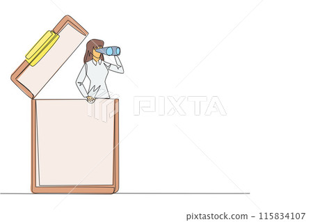 Continuous one line drawing businesswoman comes out of clipboard looking for something through binoculars. Looking for volunteers to fill in report form. Single line draw design vector illustration Continuous one line drawing businesswoman comes out of clipboard looking for something through binoculars. Looking for volunteers to fill in report form. Single line draw design vector illustration 115834107