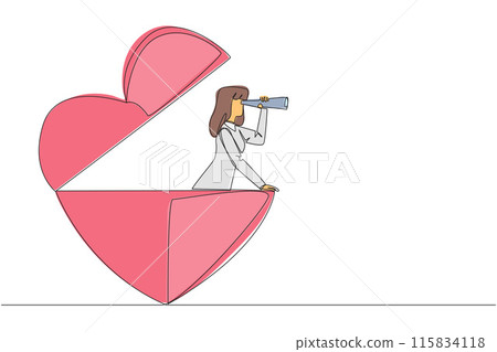 Continuous one line drawing businesswoman out of heart shape looks for something through binoculars. Looking for some people to do charity. Useful kindness. Single line draw design vector illustration Continuous one line drawing businesswoman out of heart shape looks for something through binoculars. Looking for some people to do charity. Useful kindness. Single line draw design vector illustration 115834118