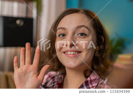 POV businesswoman working from home office looking at camera making online video call conversation POV businesswoman working from home office looking at camera making online video call conversation 115834399