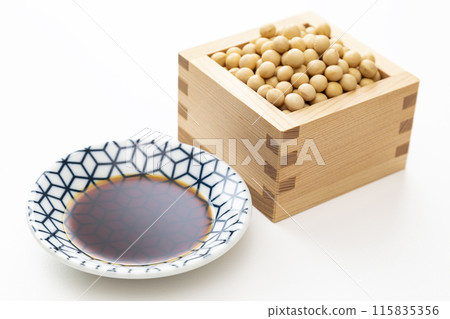 soy sauce and soybeans on white background soy sauce and soybeans on white background 115835356