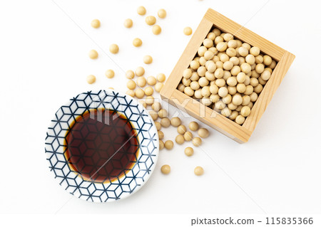 soy sauce and soybeans on white background soy sauce and soybeans on white background 115835366