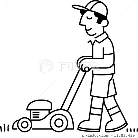 Cartoon man mowing lawn drawing 115835439