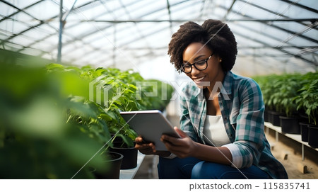 A young woman in a greenhouse uses a tablet to monitor the growt 115835741