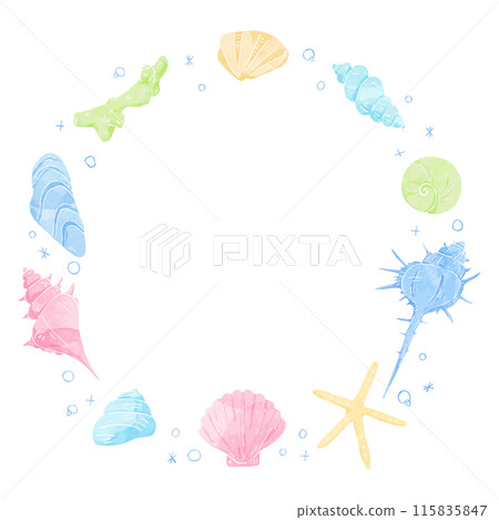 Hand drawn round frame of seashells, watercolor colors 115835847
