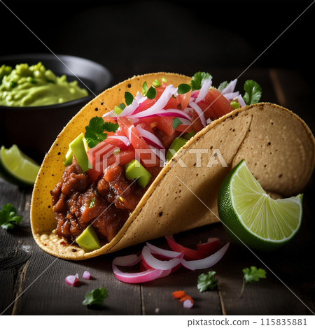 taco, tortilla, beef, chicken, pork, fish, shrimp, salsa, guacamole, sour cream, cheese, lettuce, cilantro, onion, lime, spicy, crunchy, Mexican cuisine taco, tortilla, beef, chicken, pork, fish, shrimp, salsa, guacamole, sour cream, cheese, lettuce, cilantro, onion, lime, spicy, crunchy, Mexican cuisine 115835881
