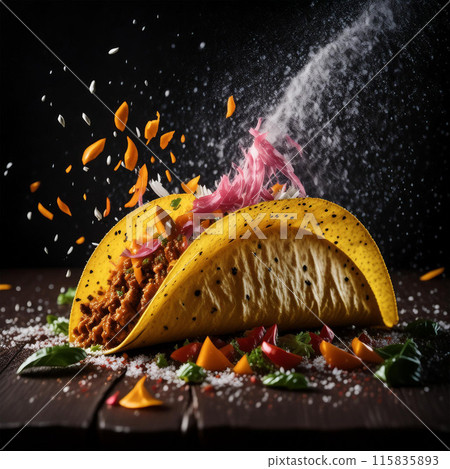 taco, tortilla, beef, chicken, pork, fish, shrimp, salsa, guacamole, sour cream, cheese, lettuce, cilantro, onion, lime, spicy, crunchy, Mexican cuisine taco, tortilla, beef, chicken, pork, fish, shrimp, salsa, guacamole, sour cream, cheese, lettuce, cilantro, onion, lime, spicy, crunchy, Mexican cuisine 115835893