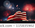 Celebration and holiday concept - United States of America flag with fireworks 115835902