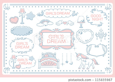 夢川，少女柔和色調插畫素材。框架和角也是如此。向量插圖材料。 115835987