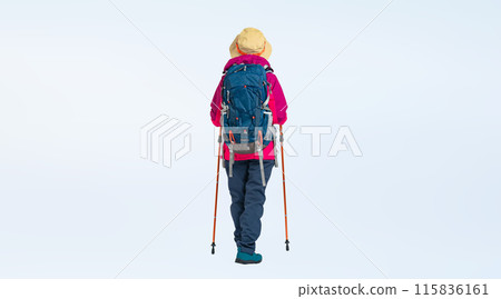 Full-body photo of a senior woman wearing outdoor clothing 115836161