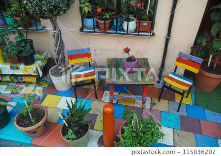 Colorful Outdoor Cafe Seating Area with Vibrant Potted Plants and Painted Furniture Colorful Outdoor Cafe Seating Area with Vibrant Potted Plants and Painted Furniture 115836202