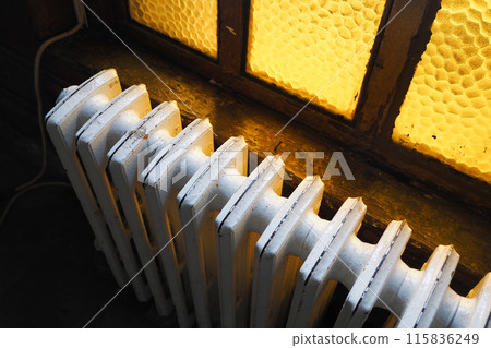 White radiator on grey white wall. apartment heating installation system, White radiator on grey white wall. apartment heating installation system, 115836249