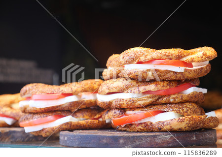 stack of Turkish Bagel Simit with cheese stack of Turkish Bagel Simit with cheese 115836289