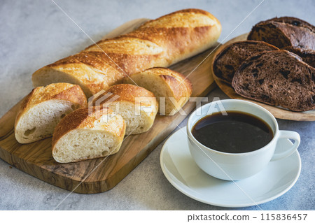 Freshly baked bread and freshly brewed coffee Freshly baked bread and freshly brewed coffee 115836457