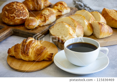 Freshly baked bread and freshly brewed coffee Freshly baked bread and freshly brewed coffee 115836469