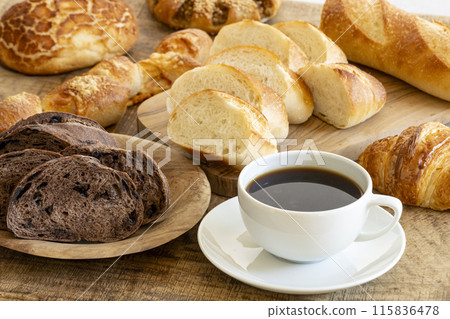 Freshly baked bread and freshly brewed coffee Freshly baked bread and freshly brewed coffee 115836478