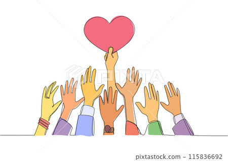 Single one line drawing hands fighting over the shape of a heart. Hands that are strong and the longest that can reach it. Achieve heart's dreams. Success. Continuous line design graphic illustration 115836692