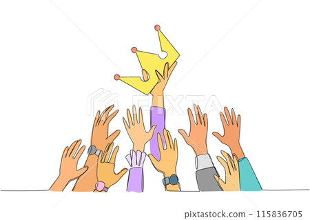 Single continuous line drawing hands fighting for the crown. Fighting for power with each other. Utilizing position inappropriately. Negative impact. Improperly. One line design vector illustration Single continuous line drawing hands fighting for the crown. Fighting for power with each other. Utilizing position inappropriately. Negative impact. Improperly. One line design vector illustration 115836705