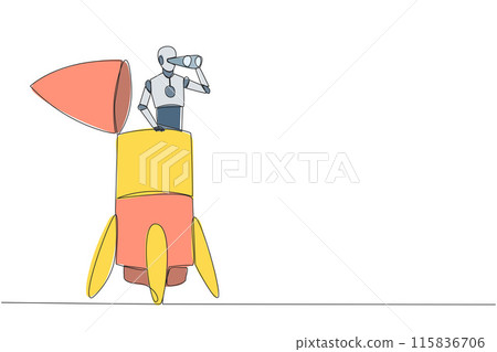 Continuous one line drawing a smart robot appears from the end of the rocket looking for something through binoculars. Scan. Analyze damage. Vigilance. Single line draw design vector illustration 115836706