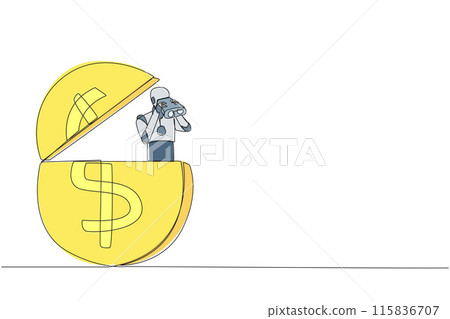 Single one line drawing a robot emerges from dollar symbol coin look for something with binocular. Scan. Analyzing needs during retirement. Preparation. Continuous line design graphic illustration 115836707