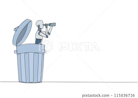 Continuous one line drawing a robot emerges from trash bin looking for something through binocular. Scan. Analyze recyclable materials. Environmental care. Single line draw design vector illustration 115836716