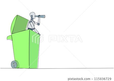 Continuous one line drawing a smart robot emerges from a wheeled bin looking for something through binoculars. Trying to restore deleted and wasted data. Single line draw design vector illustration 115836729