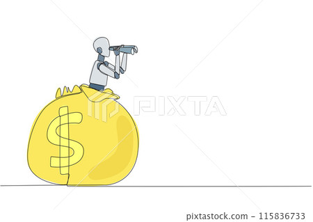 Single continuous line drawing a smart robot emerges from the money bag looking for something through binoculars. Scan. Analyzing the authenticity of money. One line design vector illustration Single continuous line drawing a smart robot emerges from the money bag looking for something through binoculars. Scan. Analyzing the authenticity of money. One line design vector illustration 115836733