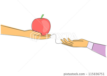 Single one line drawing hand giving apple. Fruit has three colors; red, yellow and green. Has different taste. Contains vitamins C, A also contains calcium. Continuous line design graphic illustration Single one line drawing hand giving apple. Fruit has three colors; red, yellow and green. Has different taste. Contains vitamins C, A also contains calcium. Continuous line design graphic illustration 115836751