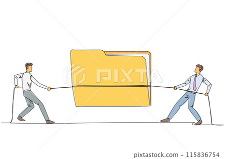 Continuous one line drawing two businessmen fighting over document folder. Competition for the best information for company progress. Important client data. Single line draw design vector illustration 115836754