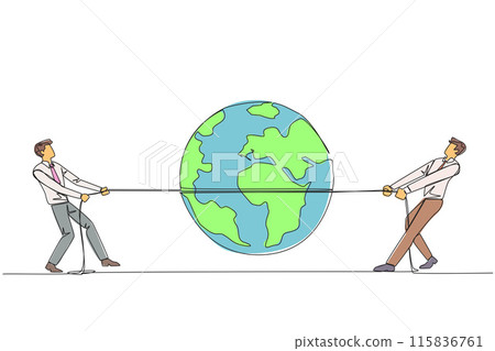 Single one line drawing two businessmen fighting over globe. Fighting over strategic locations. Business must be developed in different places. For profit. Continuous line design graphic illustration 115836761
