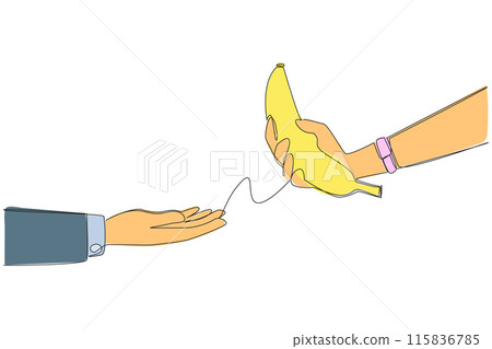 Single continuous line drawing hand giving banana. Fruit contains lots of vitamins and fiber. Fruit that has yellow skin. Bananas rich in magnesium and potassium. One line design vector illustration Single continuous line drawing hand giving banana. Fruit contains lots of vitamins and fiber. Fruit that has yellow skin. Bananas rich in magnesium and potassium. One line design vector illustration 115836785