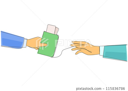 Continuous one line drawing hand giving passport. Completeness for official travel abroad has been provided. It's time to expand the business reach. Target. Single line draw design vector illustration Continuous one line drawing hand giving passport. Completeness for official travel abroad has been provided. It's time to expand the business reach. Target. Single line draw design vector illustration 115836786