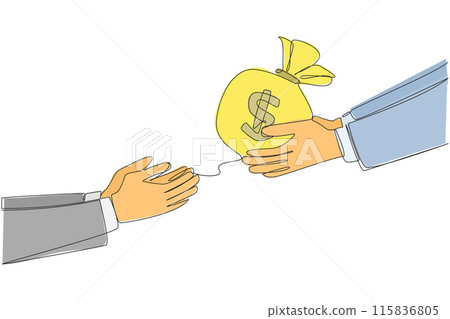 Single one line drawing a hand gives a money bag. The additional capital required has been received. Get ready to turn it into the most profitable business. Continuous line design graphic illustration Single one line drawing a hand gives a money bag. The additional capital required has been received. Get ready to turn it into the most profitable business. Continuous line design graphic illustration 115836805