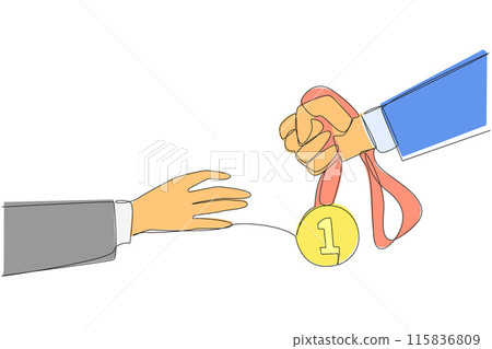 Single continuous line drawing a hand gives medal number one. Awarded to the winner. Get rewards for hard work in the business world. Get compliments. Success. One line design vector illustration Single continuous line drawing a hand gives medal number one. Awarded to the winner. Get rewards for hard work in the business world. Get compliments. Success. One line design vector illustration 115836809