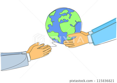 Single continuous line drawing a hand giving globe to colleague. Inviting you to do a lot of good deeds. For a better earth society. Best policy for a green earth. One line design vector illustration Single continuous line drawing a hand giving globe to colleague. Inviting you to do a lot of good deeds. For a better earth society. Best policy for a green earth. One line design vector illustration 115836821
