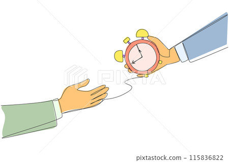 Single one line drawing hand gives alarm clock to colleague. Submit difficult assignments so as not to miss deadline. Share tasks to keep business running. Continuous line design graphic illustration 115836822