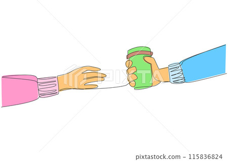 Continuous one line drawing a hand gives a paper cup. Buying a cup of warm coffee will increase the concentration. Drinking warm tea can relax the body. Single line draw design vector illustration 115836824
