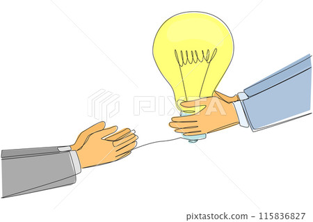 Continuous one line drawing hand giving lightbulb to colleague. Providing best advice for the good and progress of business. Great partner. Brainstorming. Single line draw design vector illustration Continuous one line drawing hand giving lightbulb to colleague. Providing best advice for the good and progress of business. Great partner. Brainstorming. Single line draw design vector illustration 115836827