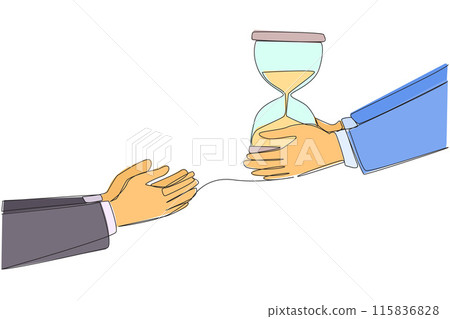 Single one line drawing a hand gives hourglass to colleague. The countdown begins. Agreement reached. Work must not exceed the deadline. Time management. Continuous line design graphic illustration 115836828