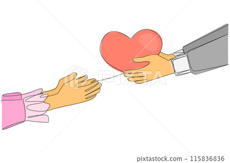 Single one line drawing a hand gives a heart shape to its partner. Fall in love. Ready to give heart and soul. Invitation to get married. Romantic couple. Continuous line design graphic illustration Single one line drawing a hand gives a heart shape to its partner. Fall in love. Ready to give heart and soul. Invitation to get married. Romantic couple. Continuous line design graphic illustration 115836836