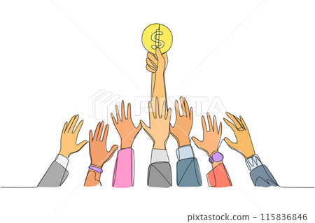 Single one line drawing hands fighting over coins with dollar symbols. Fight for small investments that are easy to hold into for old age when retirement. Continuous line design graphic illustration Single one line drawing hands fighting over coins with dollar symbols. Fight for small investments that are easy to hold into for old age when retirement. Continuous line design graphic illustration 115836846