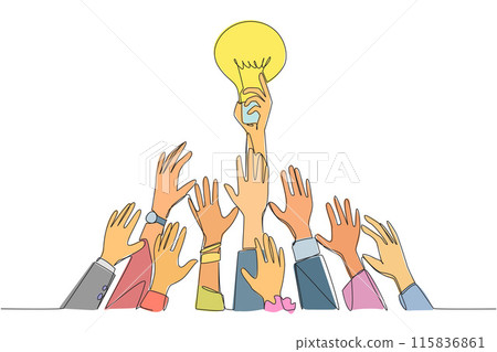 Single one line drawing hands fighting for the lightbulb. Fighting over references. Create a business idea that generates lots of profits. Lots of profits. Continuous line design graphic illustration 115836861