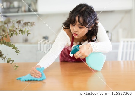 Housewife cleaning table surface with rag in modern kitchen Housewife cleaning table surface with rag in modern kitchen 115837306