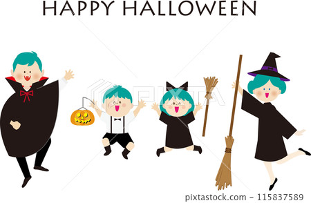 A cheerful family dressed up for Halloween 115837589
