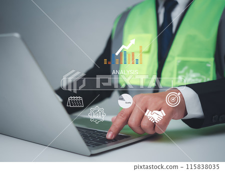 Construction planning, Structural calculation, Structural design, Project presentation plan, Construction cost planning, Engineer or Architect use computer to working on table, Cost calculation. 115838035