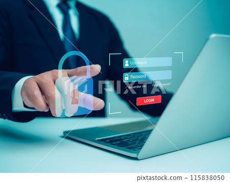 Businessman pointing at login window, Cybersecurity concept Global network security technology, Secure access to user personal information, Secure Internet access, Cybersecurity. Businessman pointing at login window, Cybersecurity concept Global network security technology, Secure access to user personal information, Secure Internet access, Cybersecurity. 115838050