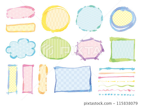 一組手繪線條和框架，粗細不規則，採用柔和色彩的日本圖案 115838079